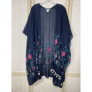 Hey Beautiful Embroidered Open Front Cardigan Navy White Fringe One Size